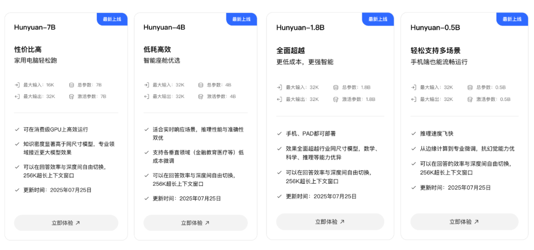 混元四款开源的小尺寸模型