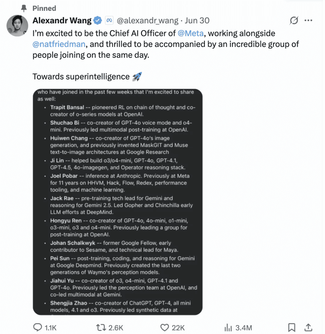 Alexandr Wang 公布的 Meta 超级智能实验室人才
