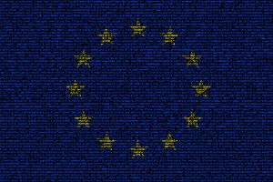Illustration of a European flag composed of computer code