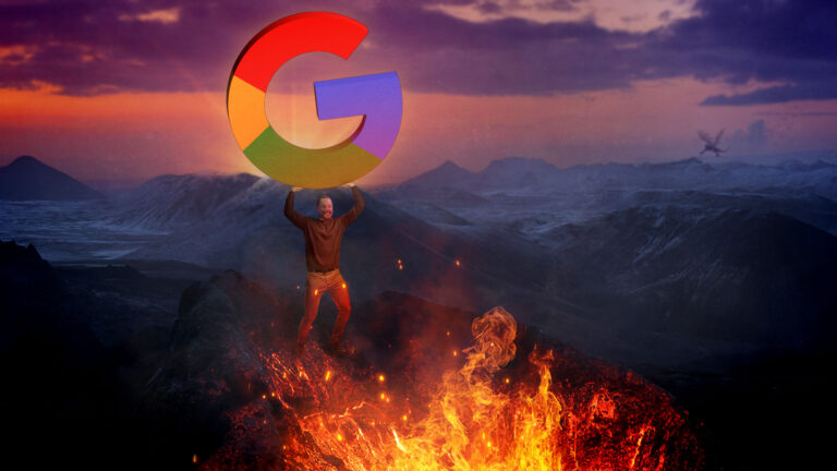 艺术家描绘作者将巨大的多色“G”投入末日火山