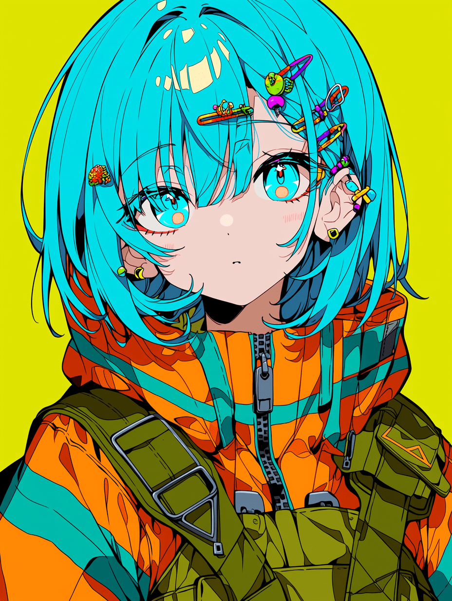 鲜艳的动漫插画风格，一位年轻女性拥有明亮的青色长发，装饰着多彩的挂饰与发夹，身穿橙色与青绿色条纹拉链夹克，搭配橄榄绿战术装备，采用粗黑轮廓线，纯亮黄色背景，中近景拍摄，杰作，最高品质，高度精细，8K。