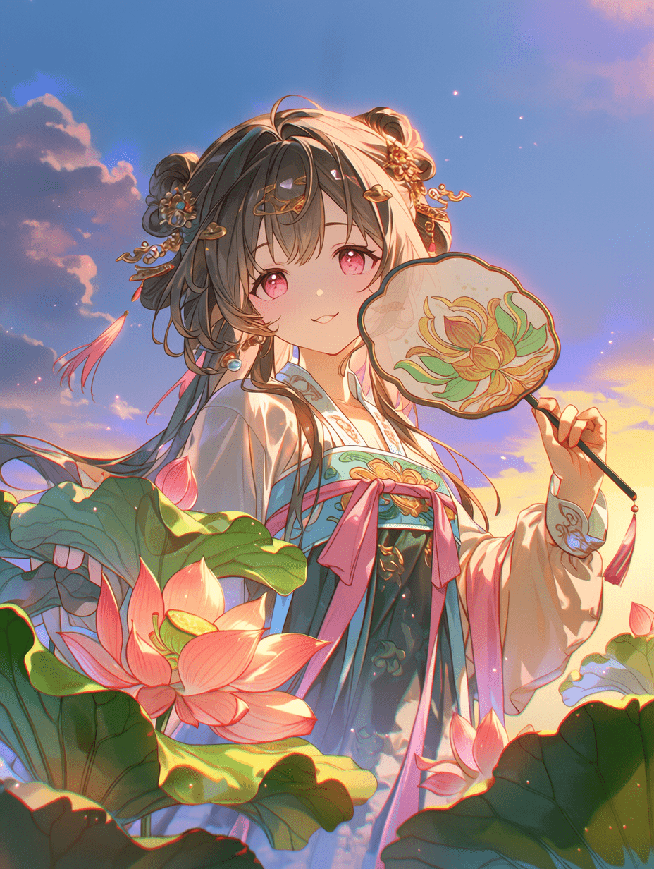 动漫风格，身着传统中式汉服的美丽女子手持莲花团扇，乌黑长发点缀红色花卉发饰，粉色眼眸含笑温柔，背景为暮色天空，前景有茂密翠绿叶片，光线柔和，色彩鲜明，杰作，最佳质量，高度细节