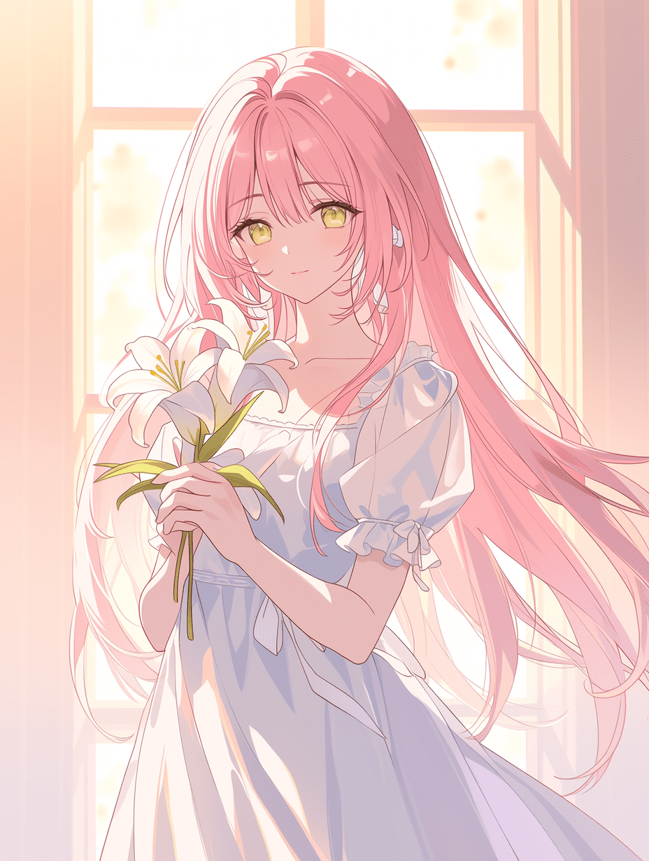 动漫风格插画，一位长发飘逸的粉发少女，身穿优雅白色连衣裙，手持一枝白百合，大型窗户透入柔和背光，温暖的琥珀色双眼，神情宁静，画面为杰作级，最高画质，高度细节化。