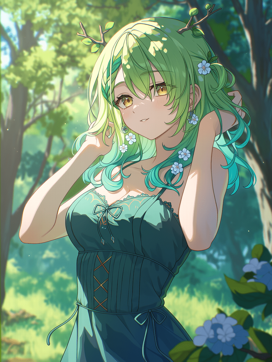 动漫风格，Hololive 的 Ceres Fauna，绿色长发中交织着树枝与花朵，身着青绿色长裙，背景为森林，柔和阳光洒落，杰作，最佳画质，高度细节，色彩鲜艳，优雅姿态