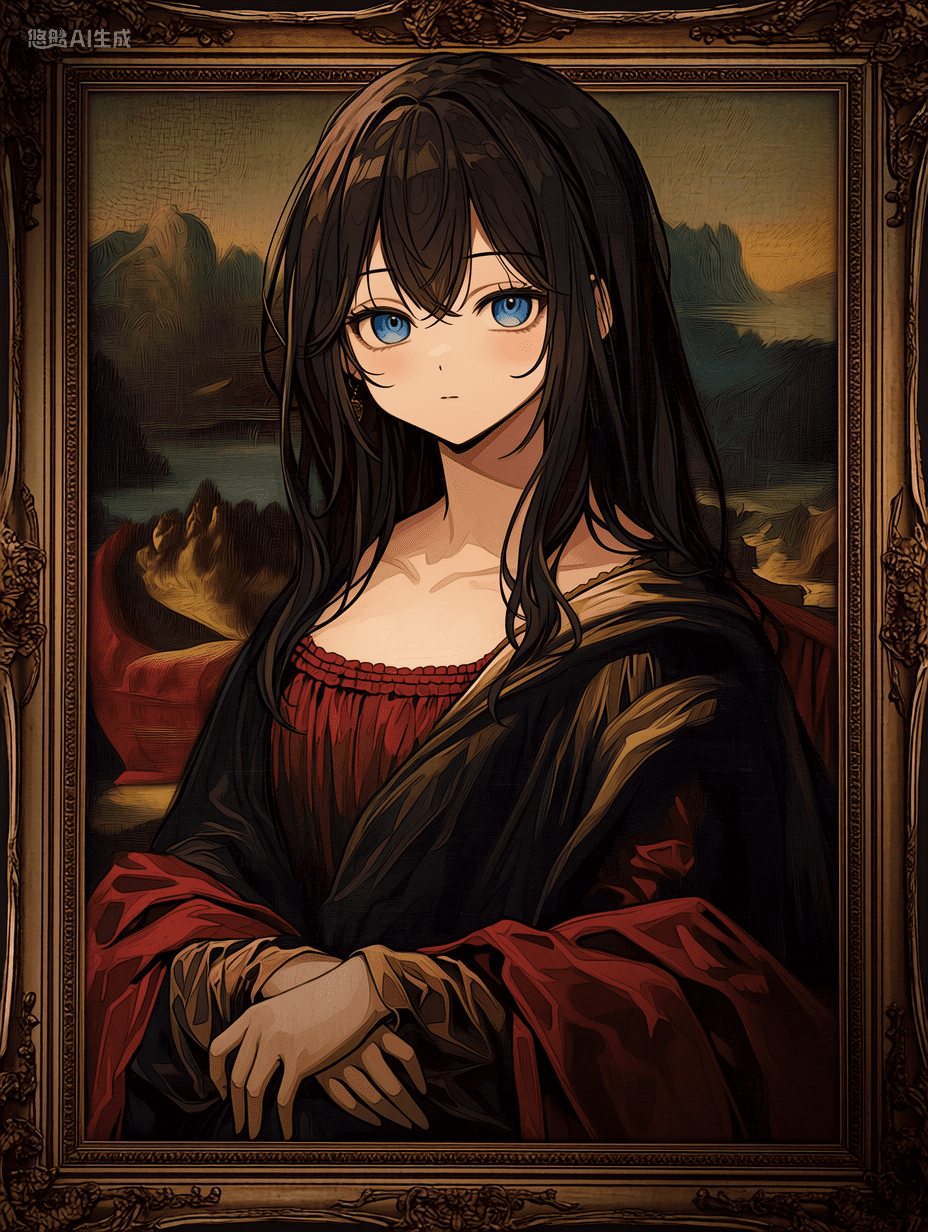 动漫风格，黑发蓝眼的动漫少女身穿红黑相间的礼服，背景为装饰华丽的蒙娜丽莎肖像画框，画面细节丰富，布料纹理精致，焦点锐利，背景超精细，8K分辨率