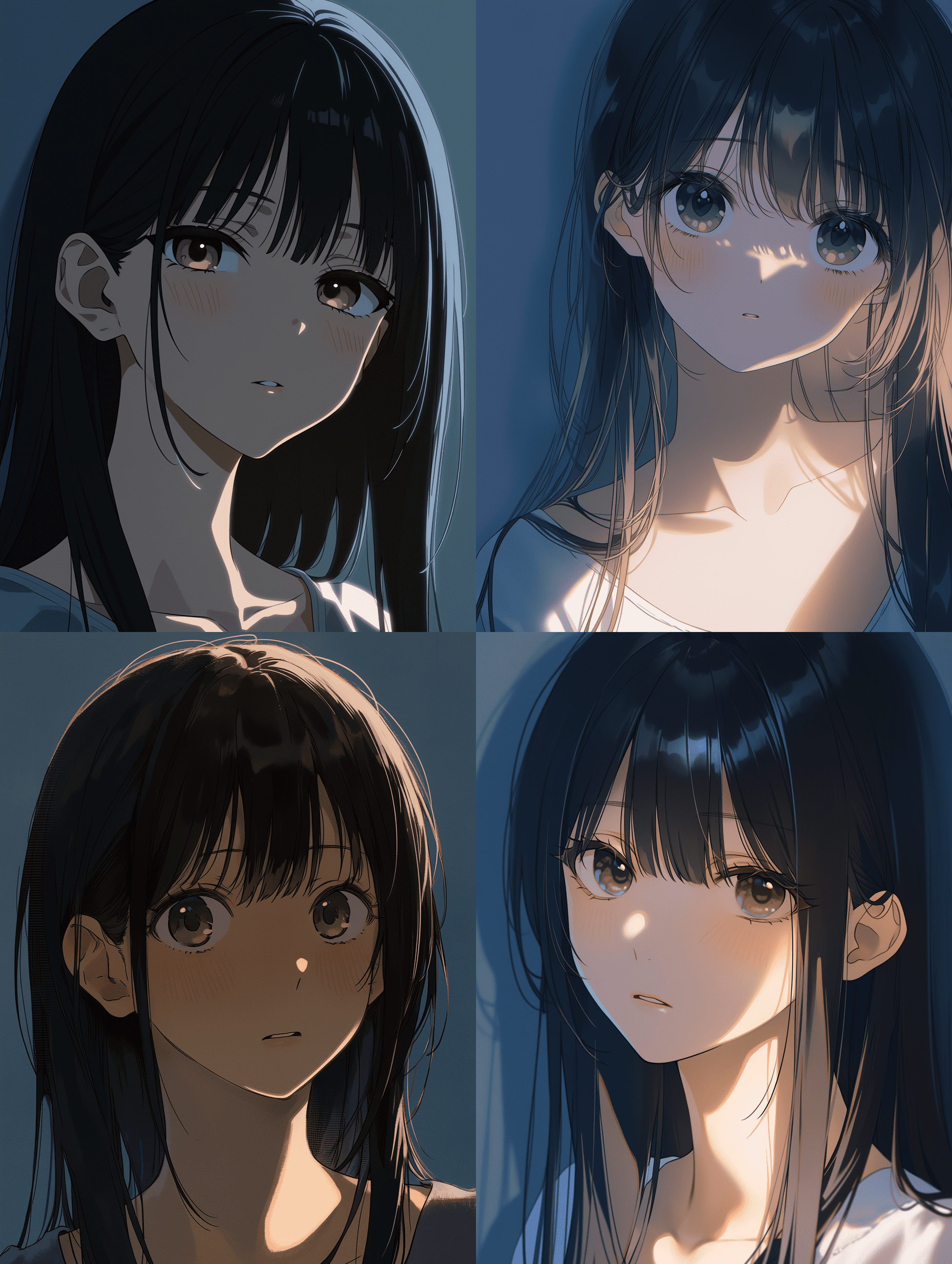 动漫风格插画，一位长发及腰、带有 undercut 发型的年轻女性，柔和的散射光在肌肤上形成细腻阴影，腮红温暖柔和，发丝边缘有轻微轮廓光，神情宁静却略带犹豫，充满电影感氛围，背景为低饱和度蓝色。