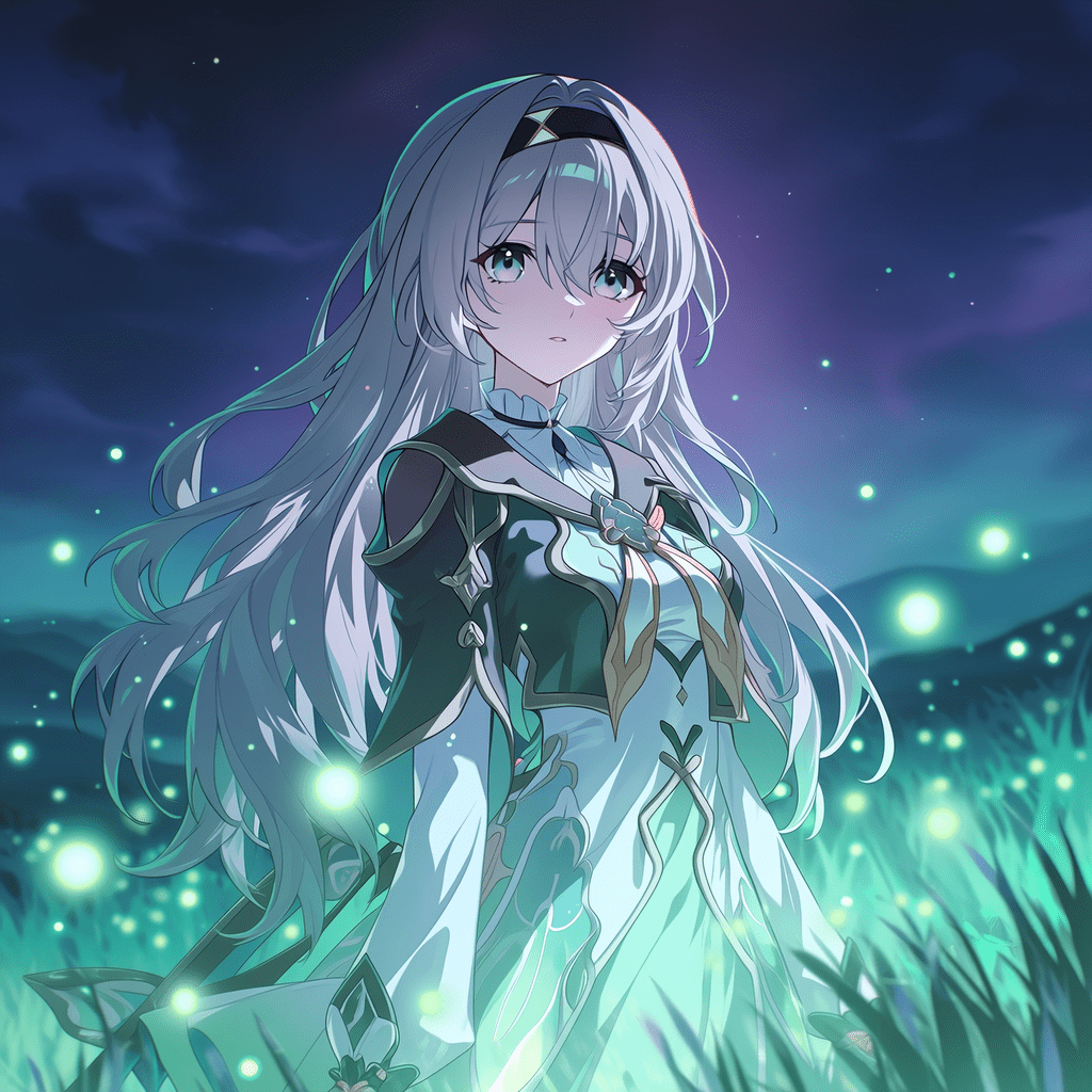 《崩坏：星穹铁道》中的流萤，伫立于夜色中一片发光的超现实萤火虫原野，银灰色长发配黑色发带，身着标志性的青绿色与白色长裙，神情温柔而忧伤，背景为柔和的青绿与紫色夜空，生物发光照明，电影级氛围，杰作品质，