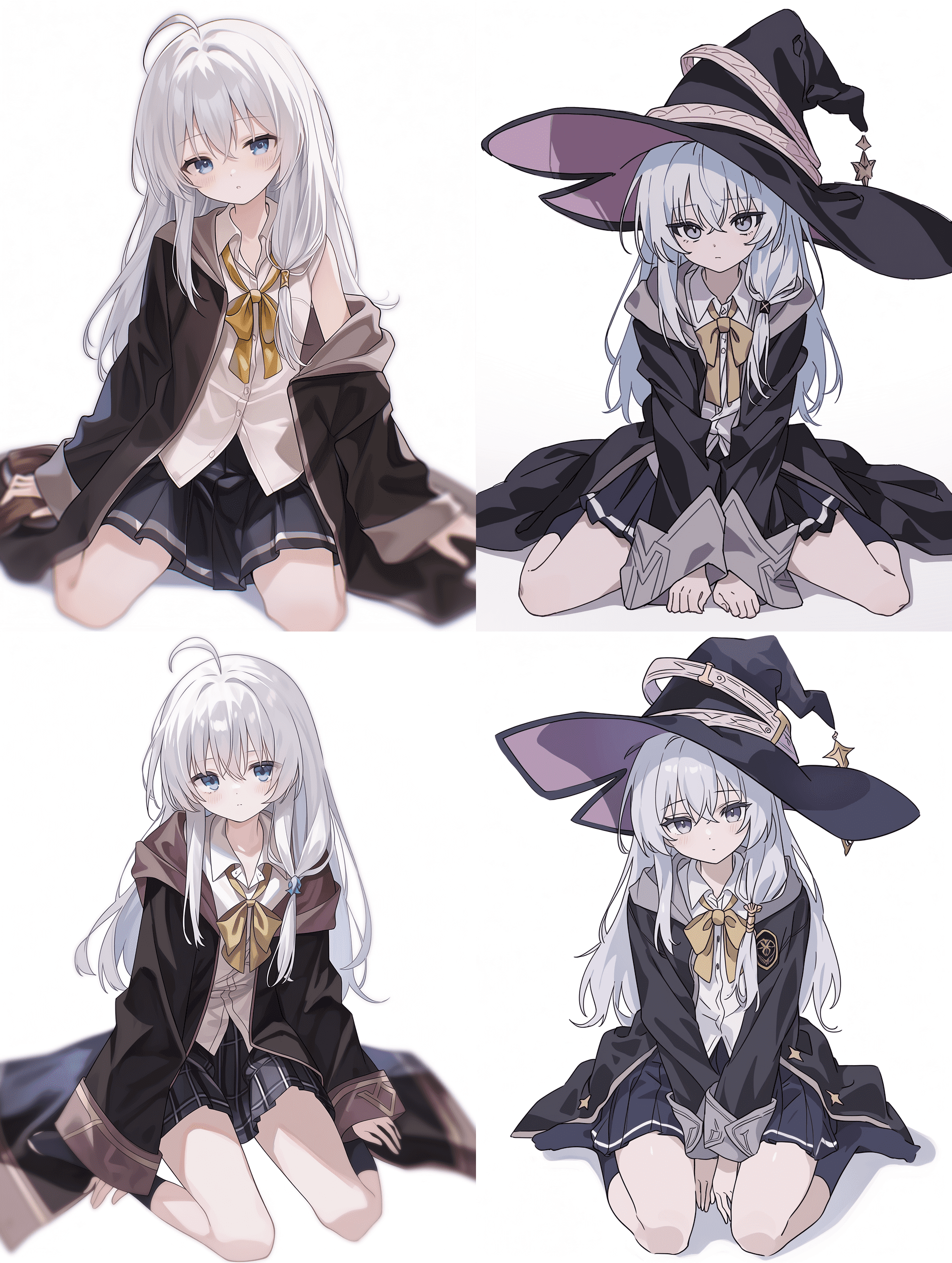 动漫风格，来自《魔女之旅》的艾蕾娜，银发魔女，跪姿，平衡构图，平视视角，浅景深，干净的画面构图，专业的动漫艺术风格，杰作