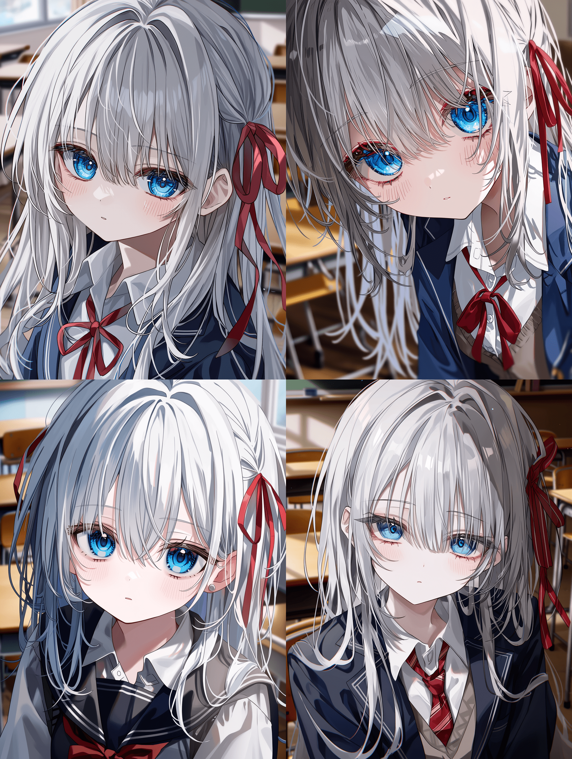 动漫风格，银发蓝眼少女，头发系着红色发带，身穿校服，发丝超精细，眼睛有复杂高光，服装面料质感细腻，焦点锐利，背景为细节丰富的教室，整体画面清晰锐利，8K分辨率。