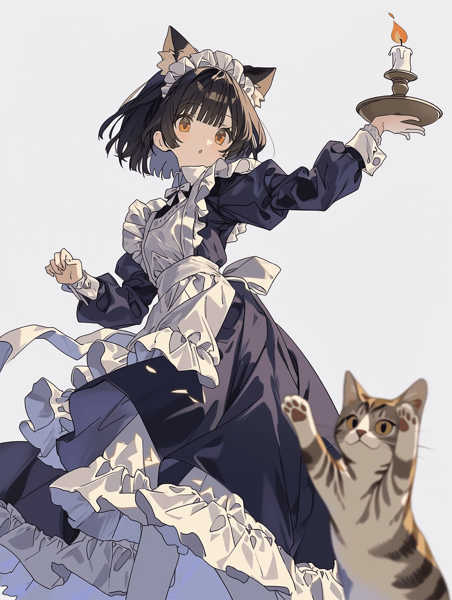 动漫插画，猫娘女仆与小猫，中景构图，三分法构图，浅景深聚焦角色，动态姿势手持蜡烛，低角度视角，精美渲染的布料褶皱