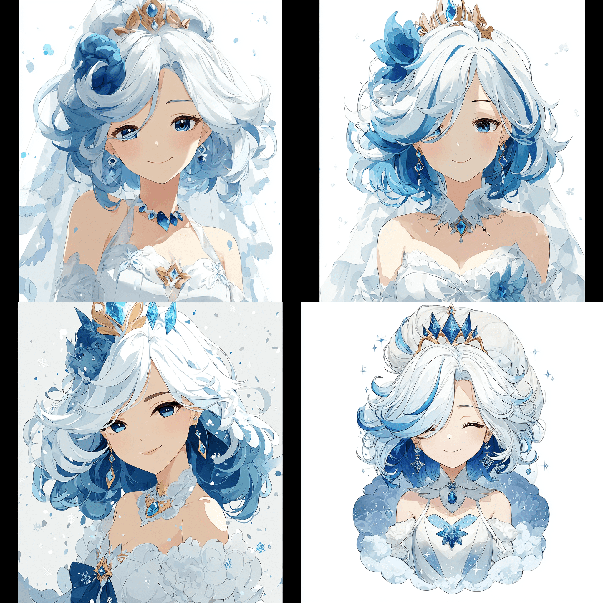 描绘《原神》中的芙宁娜化身为可爱的动漫少女，拥有白色与蓝色相间的卷曲波浪长发，头戴冰晶皇冠。她面带微笑，身穿由云朵与雪花制成的婚纱，颈部点缀着蓝宝石装饰。背景为纯白色，营造出梦幻般的氛围。作品采用矢量