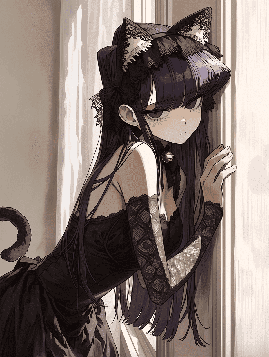 动漫插画，Komi Shouko 穿着黑色猫娘装束，佩戴蕾丝猫耳发带与尾巴，黑色无袖连衣裙配铃铛项圈，蕾丝袖套，长及腰际的深紫色直发配齐刘海，面无表情，倚靠窗边墙壁，白色窗帘轻扬，柔和自然光，暖色调，
