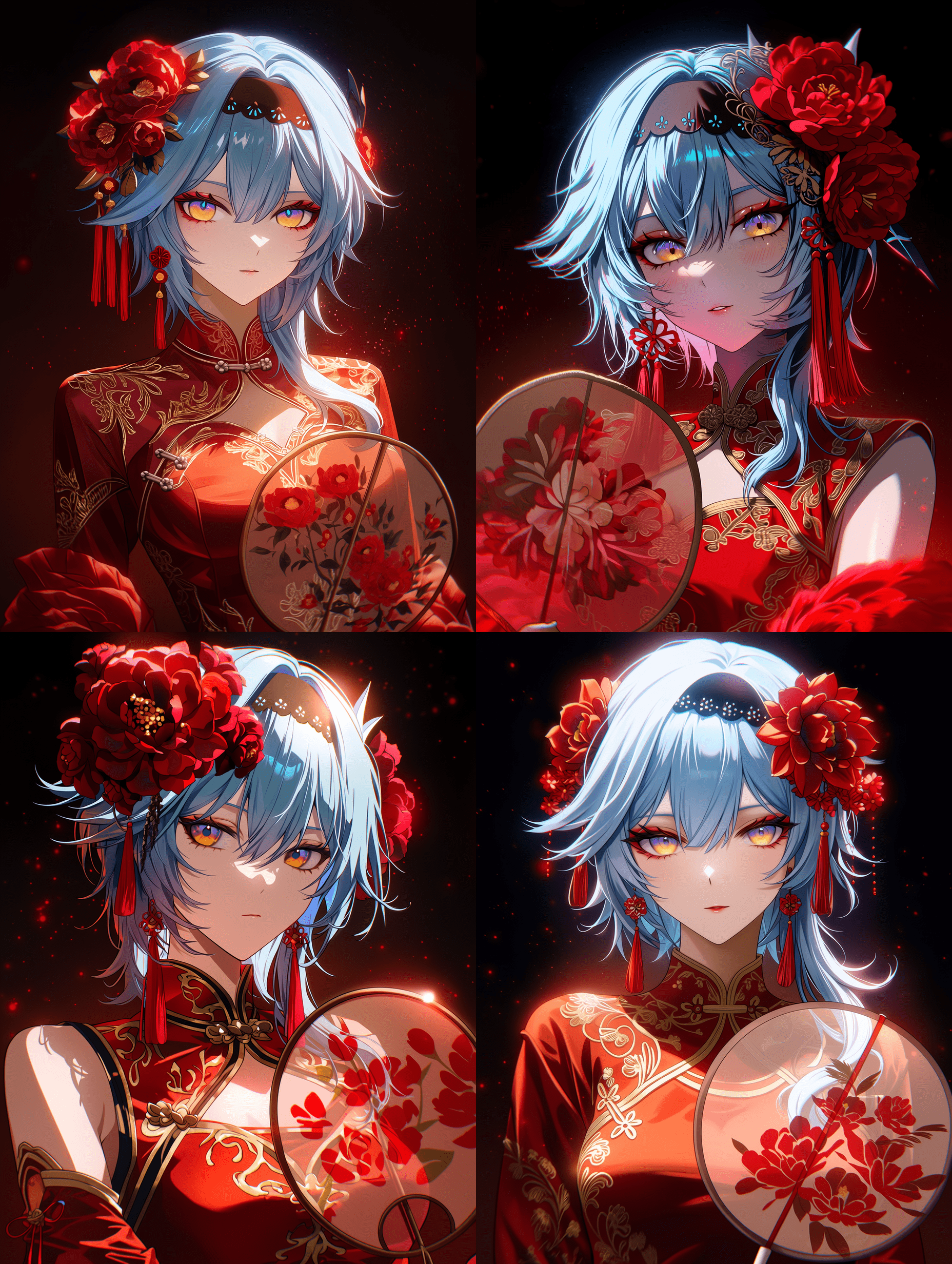 优菈，《原神》，中式节日盛装，红色金绣长裙，浅蓝色长发，琥珀与紫色渐变瞳色，手持带有红色花卉图案的半透明丝绸团扇，发间饰有硕大红花，佩戴红色流苏耳坠，戏剧性电影级光影，高对比度，暗黑背景中漂浮着发光的