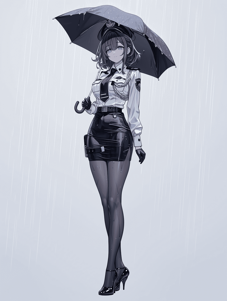 动漫风格，一位身穿白色制服的紫发女警，手持黑色雨伞，站在倾盆大雨中，皮肤和衣物湿润，紫色的眼睛，表情温柔，全身像，中等光照，冷灰色调，杰作，最高质量，高度细节