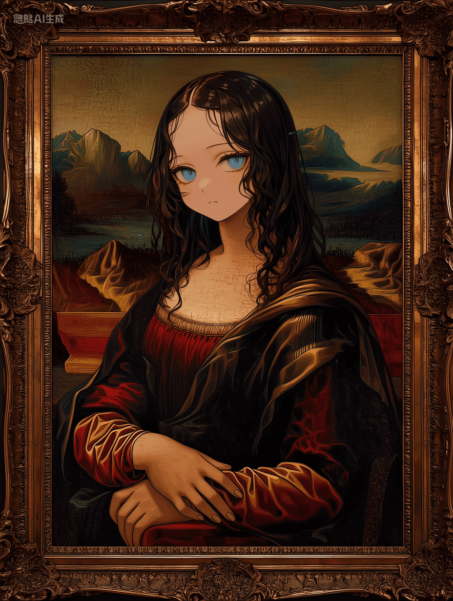 动漫风格，黑发蓝眼的动漫少女身穿红黑相间的礼服，背景为装饰华丽的蒙娜丽莎肖像画框，画面高细节，服装纹理精致，焦点锐利，背景超精细，8K分辨率