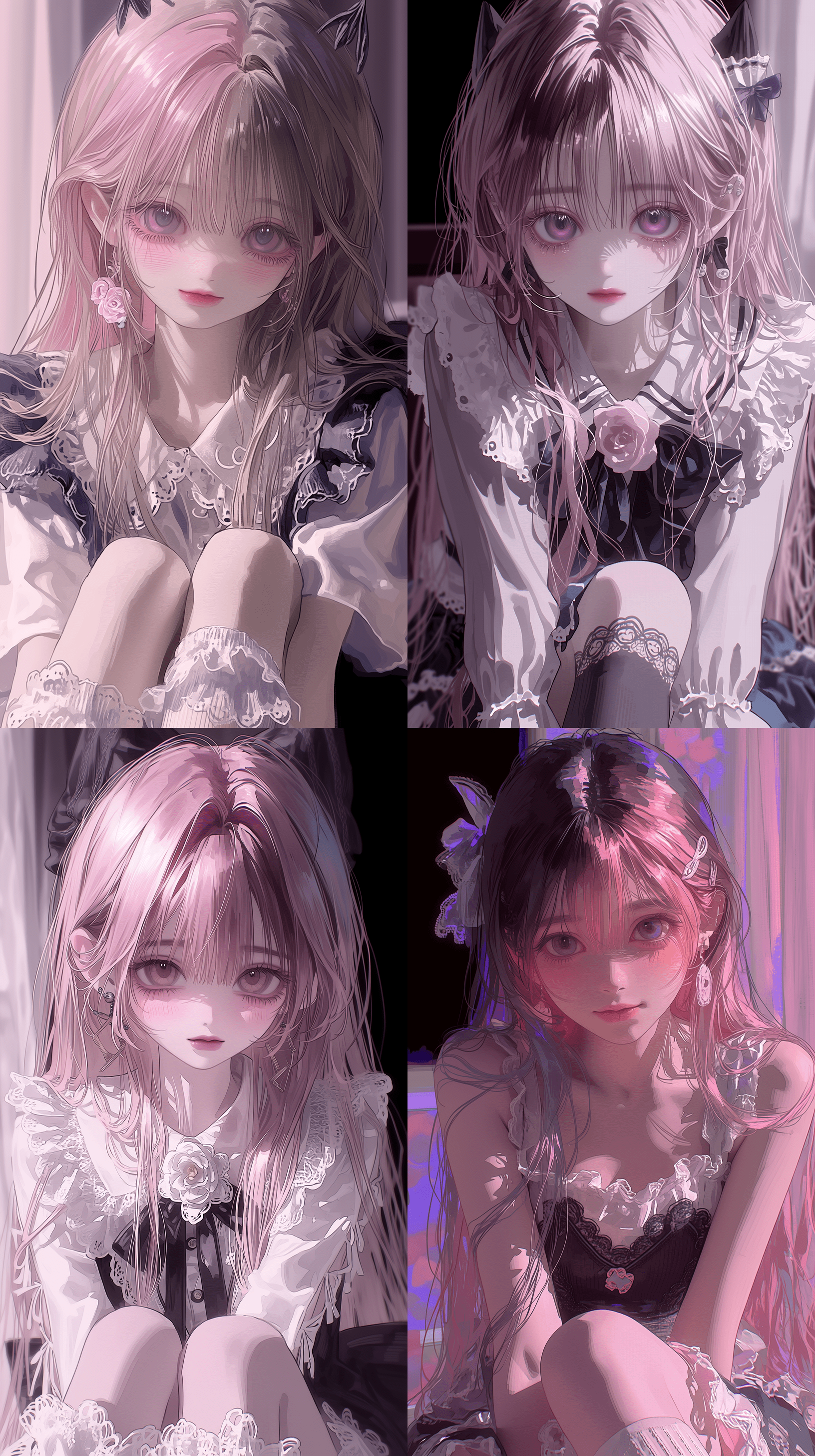一位拥有粉紫色飘逸长发的年轻少女，优雅地坐在室内。半写实厚涂（impasto）绘画风格，融合动漫美学。柔和的环境光透过薄纱窗帘洒入，营造温暖梦幻的氛围。画面具有高度细节纹理、丰富色彩、富有表现力的眼神