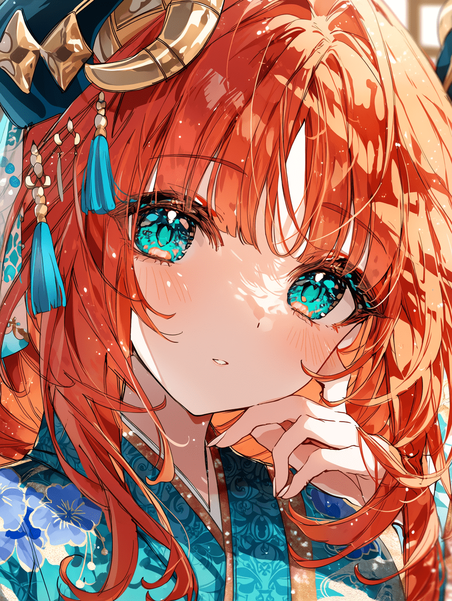 细致的动漫插画，描绘妮露，日式美学风格，光泽橙红色长发带有柔和高光与波浪，灵动的青 turquoise 眼眸充满细腻反光，精致的蓝色和服布料饰有花卉图案与飘逸层叠，体积感柔和窗光，金色角饰头冠带有流苏