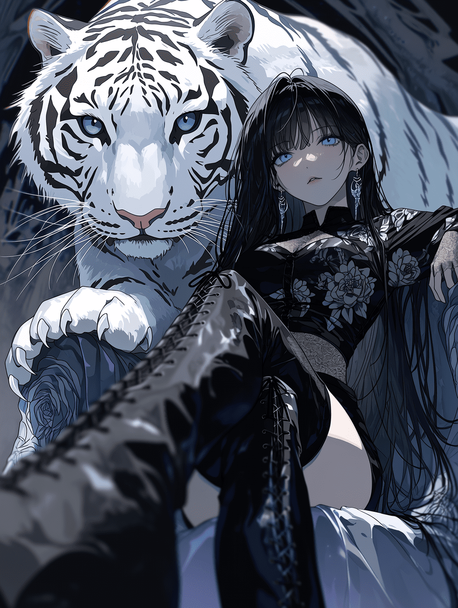 动漫风格插画，一位长黑发、蓝眼睛的年轻女子，身穿黑色花卉图案服装和过膝长靴，优雅地坐着，身后是一只巨大的蓝眼白虎。采用低角度视角、动态构图、浅景深、前景聚焦和平衡的画面布局。