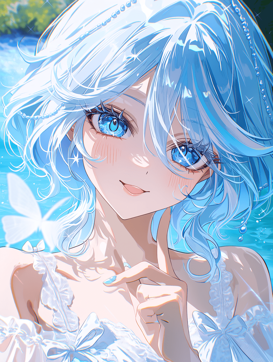 细致的动漫插画，描绘芙宁娜，花园美学风格，光泽感的浅蓝色长发带有柔和高光与波浪卷曲纹理，富有表现力的蓝色双眼充满细腻的反光与星光，精致的白色礼服布料带有蝴蝶结细节与渐变色彩，体积感柔和的自然光线，水面
