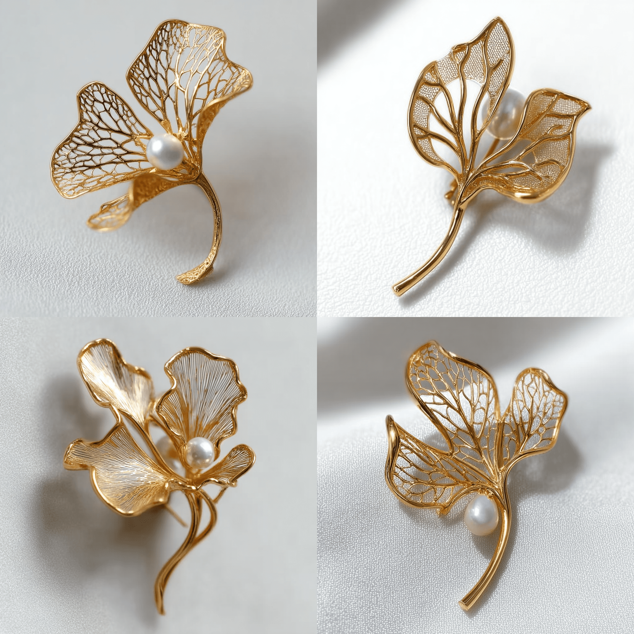 一枚由抛光18K黄金打造的莲花叶胸针设计，流畅有机的曲线无锐角，以不对称抽象轮廓通过精细镂空工艺呈现自然叶脉，极简高级珠宝美学，神圣优雅，大师级工艺，超精细结构与可见微纹理，当代可穿戴艺术，空灵流动的