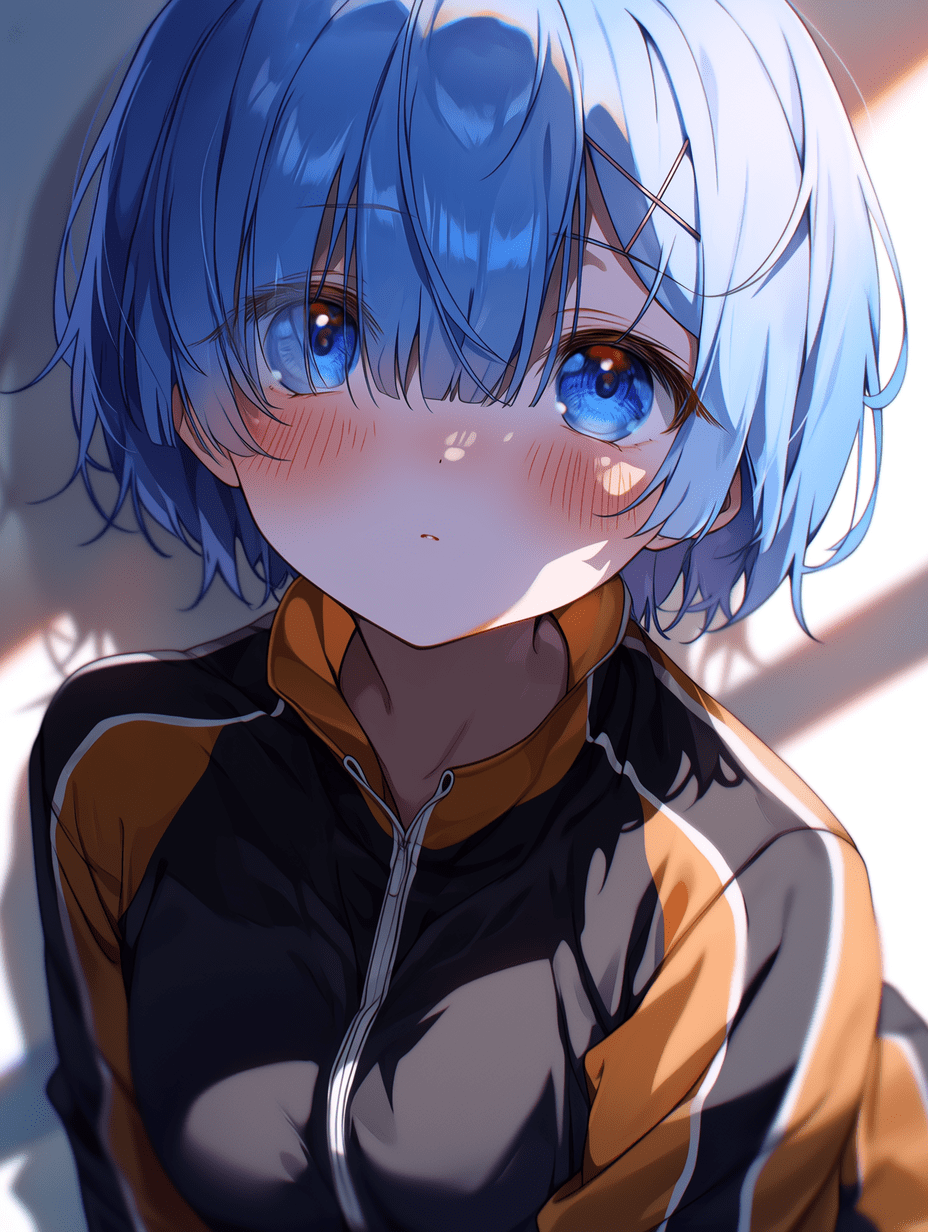 动漫风格，来自《Re:Zero》的雷姆，短蓝色头发，身穿黑色与橙色运动服，面带羞红，神情羞怯，柔和的散射光，脸颊泛着温暖光晕，电影级氛围，色彩鲜艳，高对比度，干净的美学风格