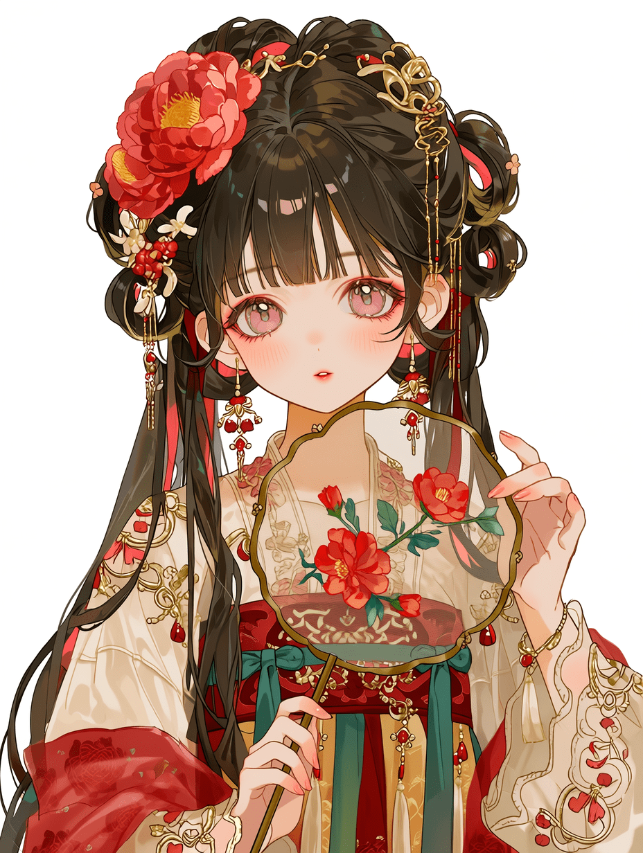 动漫风格，身着传统汉服的美丽女子，头戴红花与金色配饰，手持装饰性团扇，面容精致，虹膜呈粉色，发丝根根分明，衣料质感细腻，刺绣繁复精美，画面锐利聚焦，8K分辨率，细节清晰锐利。