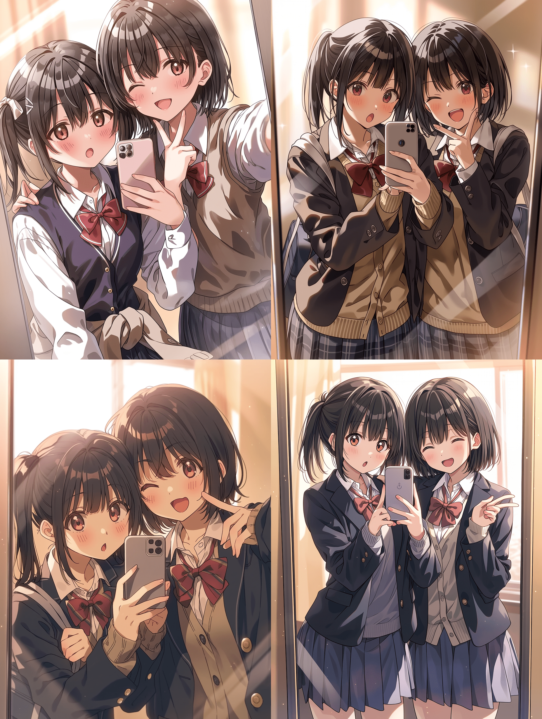 动漫风格，两名黑发女学生身穿校服对着镜子自拍，其中一人扎着马尾、红瞳，表情惊讶；另一人留着短发，正眨眼并用手指指向镜头。画面采用柔和的漫射光，带有温暖的光晕，氛围温柔，皮肤质感细腻，整体充满温馨舒适的