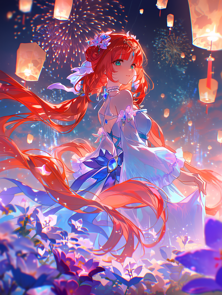 梦幻的夜间庆典，妮露伫立于漂浮的灯笼之间，魔法氛围弥漫，璀璨夜空绽放烟花，前景盛放着花朵，长而飘逸的红发，节日风格的发饰，柔和的体积光效，空灵梦幻的构图，杰作，美学配色，专业角色设计。