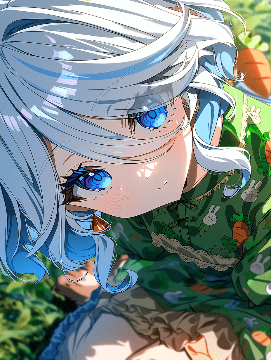 细致的动漫插画，描绘芙宁娜，花园美学风格，光泽银白色长发带有柔和蓝色高光，表情生动的蓝色双眼充满细腻反光，绿色长裙布料上绣有兔子图案，充满体积感的温暖阳光，兔毛纹理与胡萝卜细节，专业数字艺术，面部特征