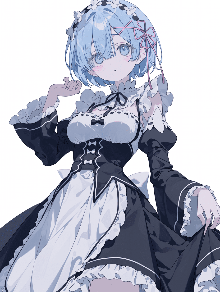 动漫风格，来自《Re:Zero》的拉姆，蓝色短发配粉色蝴蝶结，蓝色眼睛，黑白女仆装，三分法构图，平衡构图，平视镜头，干净的负空间，优雅的姿势，专业 framing