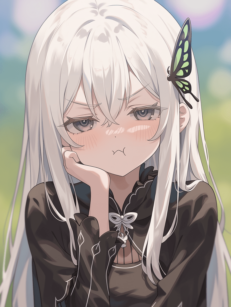 动漫风格，来自《Re:Zero》的艾姬多娜，白发女巫，佩戴蝴蝶发簪，嘟嘴表情，居中构图，浅景深，平视角度，画面平衡，柔焦背景