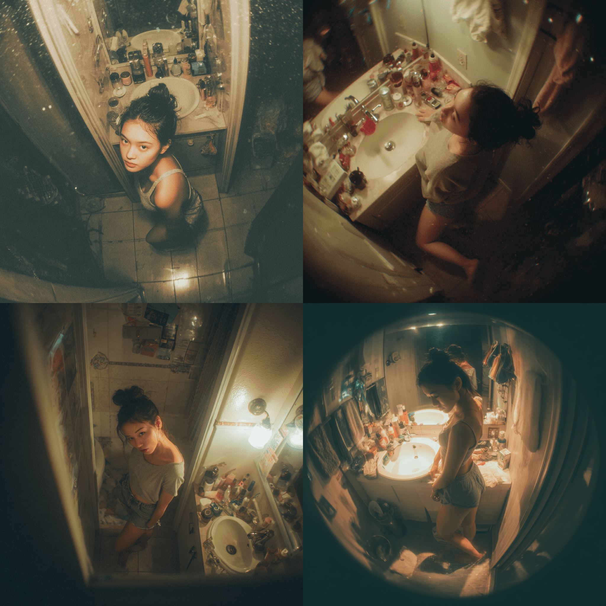 手机抓拍风格，俯视角度拍摄一位18岁的亚洲女性，皮肤冷白，在深夜狭小昏暗的浴室中背对镜头，正对着落地镜自拍，闪光灯亮起。她扎着凌乱发髻，皮肤上水珠晶莹，身体微微弓起靠墙，一腿弯曲，凸显纤细腰身与曼妙曲