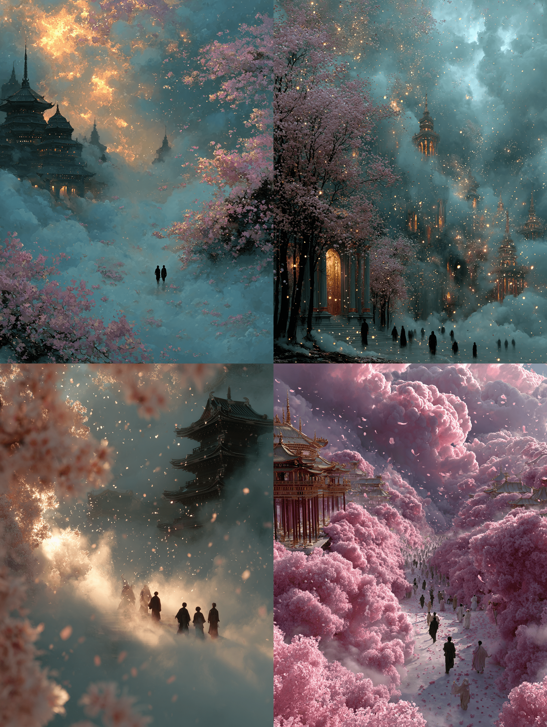 一个超现实的梦境景观，现实与幻象交融，空灵的身影在薄雾云层中飘荡，樱花花瓣如雪般在空中飞舞，柔和的金色光芒透过古老的佛塔洒落，弥漫着转瞬即逝的美感与无常之感，印象派风格，梦幻氛围，超精细细节，电影级构