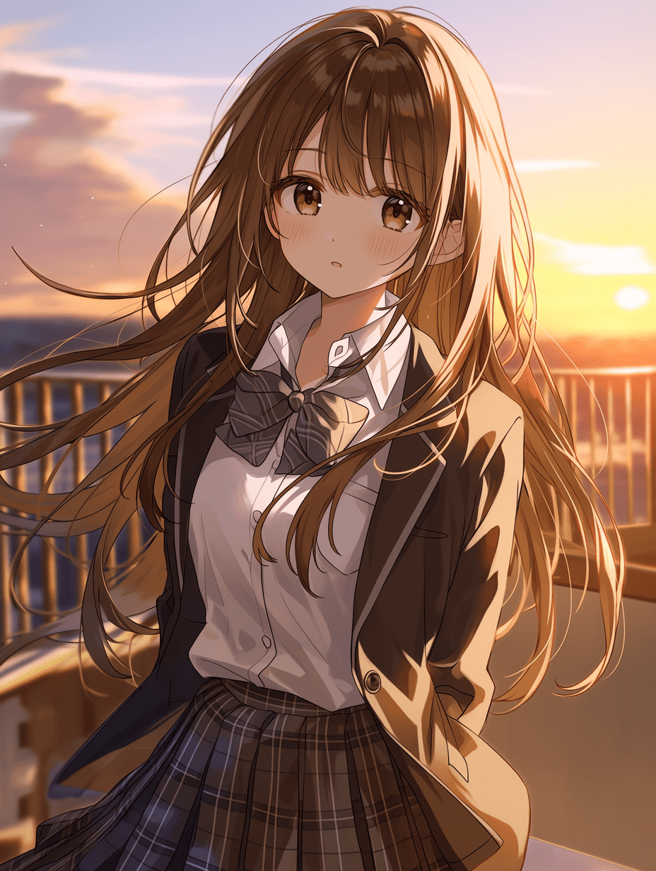 动漫风格，一位穿着校服的棕发少女站在屋顶上，沐浴在温暖的夕阳余晖中，发丝细节超高清，裙摆褶皱繁复精细，焦点锐利，背景细节丰富，8K分辨率，细节清晰锐利