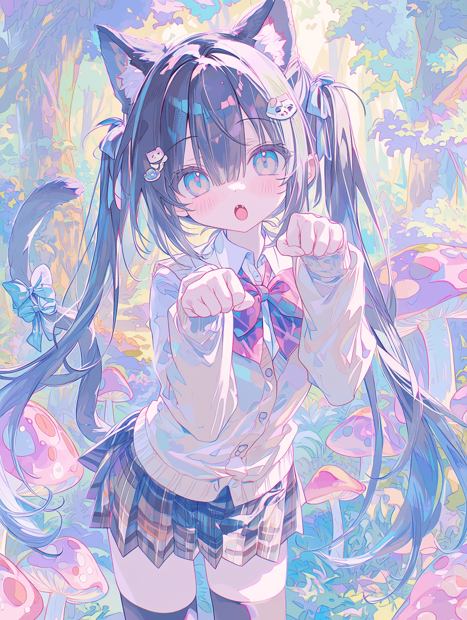 动漫风格的杰作，双马尾猫耳高中生少女，站在有发光蘑菇的魔法森林中。柔和的粉彩颜色，梦幻般的氛围，柔和的光线，精致的细节，赛璐珞上色，2D美学，鲜艳的色彩，富有表现力的眼睛，动态姿势，吉卜力工作室灵感，