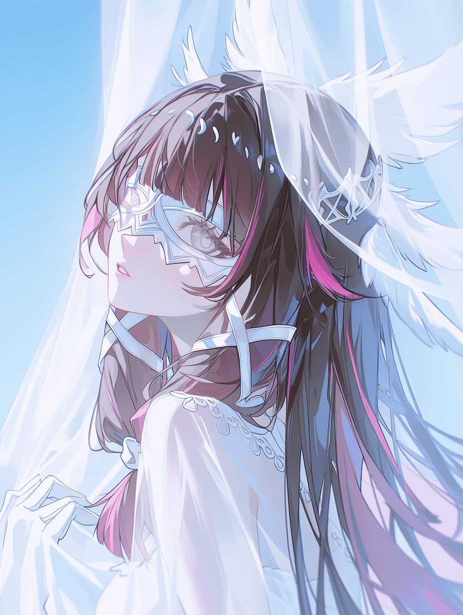 Columbina，原神角色，空灵现代少女，轻盈的白色背景，飘动的白色薄纱，可见清澈蓝天，棕色长发带有粉红色发丝，精致的眼罩，发间有白色羽翼，优雅姿态，柔焦效果，高调照明，粉彩色调，精致五官，美学构图