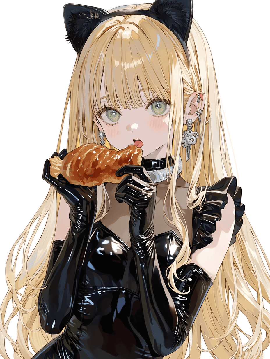 动漫风格，金发猫耳少女，身穿黑色乳胶连衣裙，正在吃鸡肉，发丝超精细，面料光泽感强，焦点锐利，配饰复杂精致，8K画质