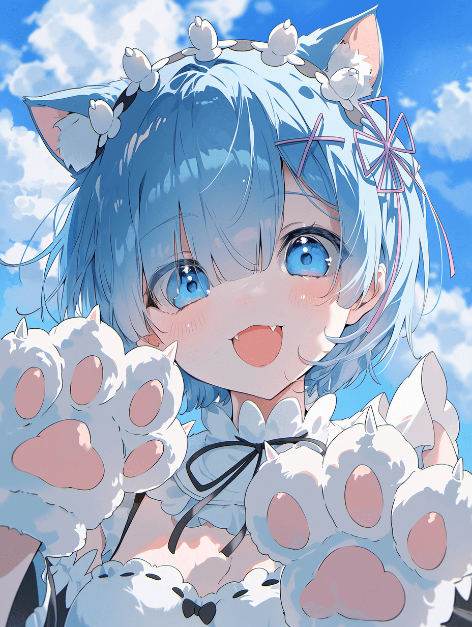 动漫风格，来自《Re:Zero》的蕾姆，拥有猫耳和猫爪，蓝色短发，蓝色眼睛，脸颊泛红，张嘴微笑，穿着带蕾丝边的女仆装，戴着蓬松的爪形手套，背景为晴朗多云的天空，柔和光线，杰作，最高画质，高度细节。