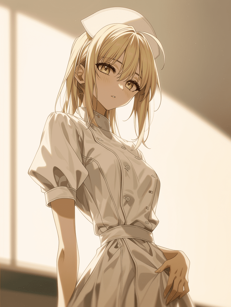 动漫风格，Fate系列中的Saber，金色长发，黄色眼瞳，身着护士制服，柔和的漫射光，干净的临床氛围，微妙的光晕，电影级光影，优雅姿态，高对比度，富有氛围感，精致完成度