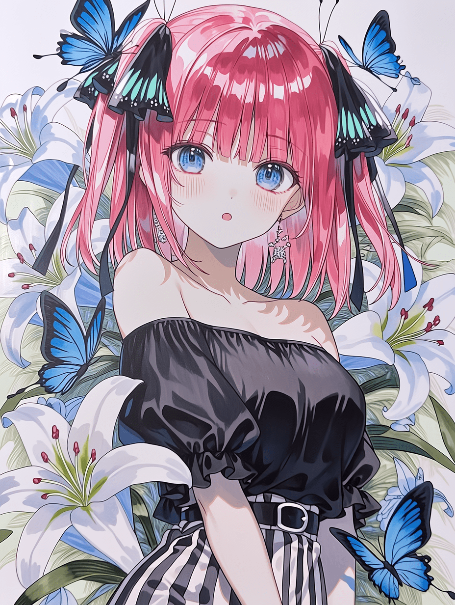 动漫风格，来自《五等分的新娘》的中野四叶，粉色头发配蝴蝶发饰，黑色露肩上衣，条纹裙，周围环绕蓝色蝴蝶与白色百合，表情生动，肖像画，杰作，最佳质量，高度细节