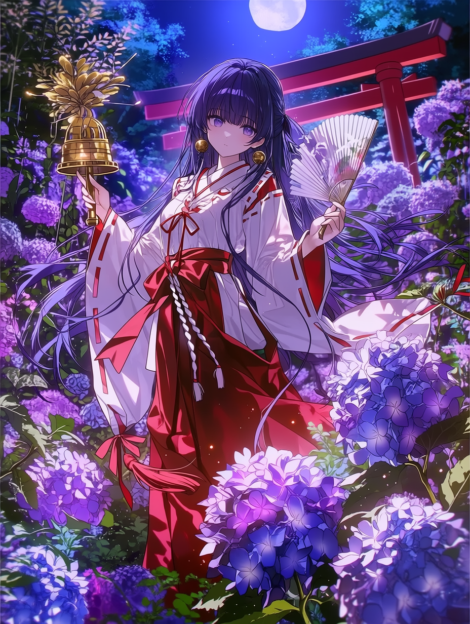 动漫风格，一位美丽的巫女，拥有长长的紫色头发，身穿传统巫女服，手持神乐铃与折扇，站在夜晚盛开的绣球花园中，背景是满月与鸟居，色彩鲜艳，杰作，最佳质量，高度细节