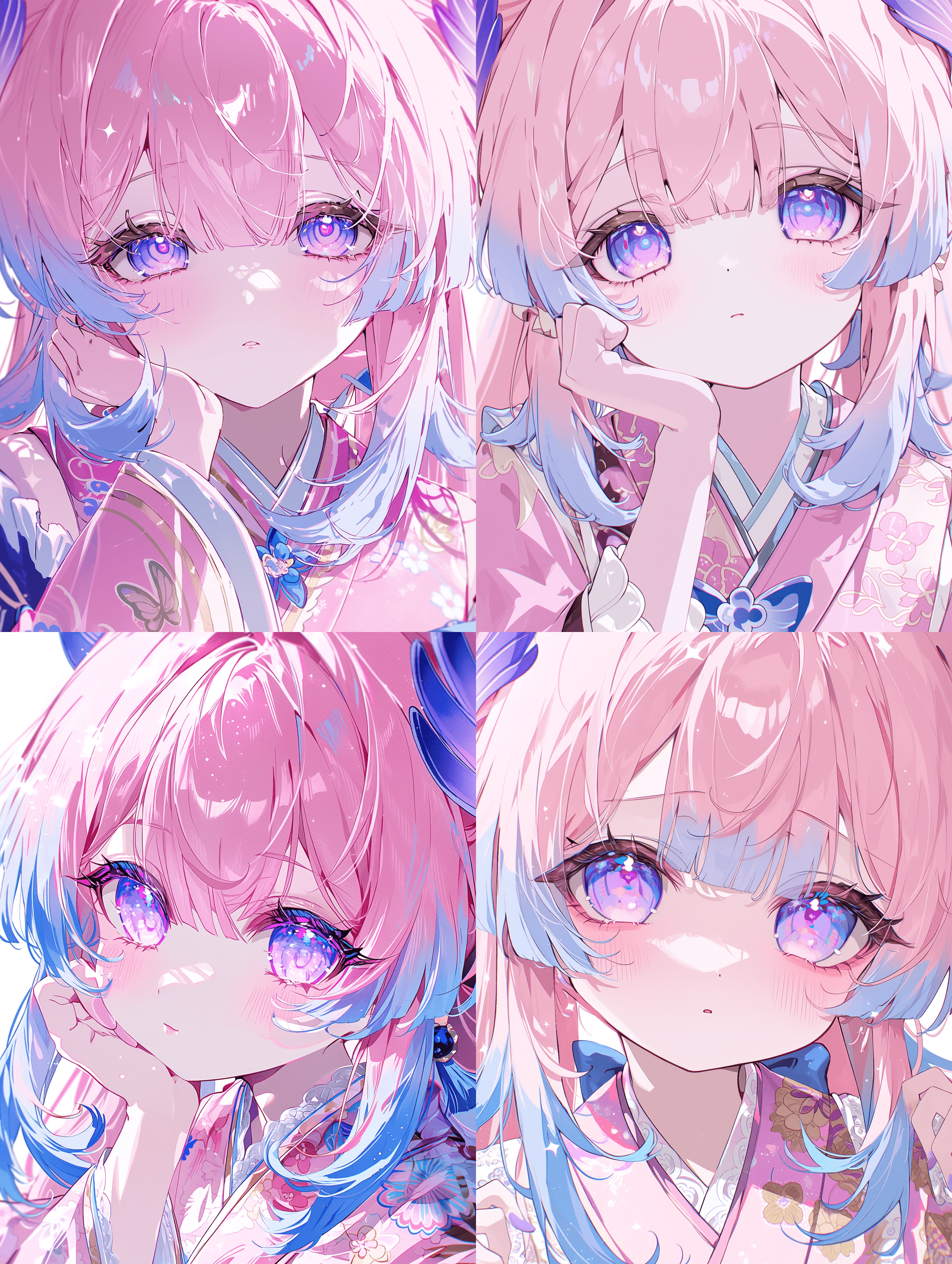 细致的动漫插画，描绘桑伯宫心海，和服美学，光泽粉蓝渐变长发，带有柔和高光与波浪，富有表现力的紫色眼眸，细节丰富的反光与星点闪烁，精致的粉色和服面料饰以花卉刺绣，体积感柔和光线，蓝色丝带纹理与蝶翼透明效