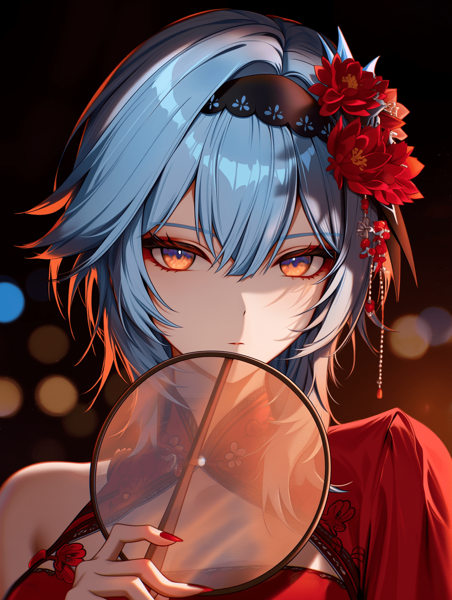 《原神》角色优菈的特写，身穿红色节日礼服，红色美甲，手持圆形丝绸团扇，发饰为精致的红色花卉，浅蓝色头发在橙色光线照射下泛光，眼睛细节丰富，神情宁静却锐利，背景为带有散景效果的深色，色彩鲜艳，线条清晰，