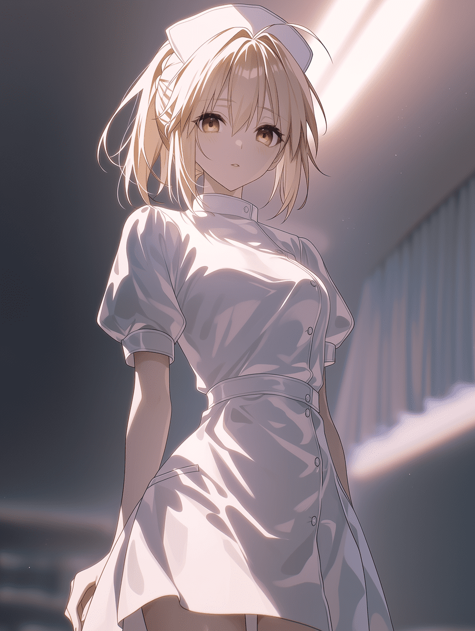 动漫风格，来自《Fate》系列的Saber，金色长发，琥珀色眼睛，身着护士服，柔和的漫射光，洁净的临床氛围，微妙的光晕，电影级光影，优雅姿态，高对比度，富有氛围感，精致完成度