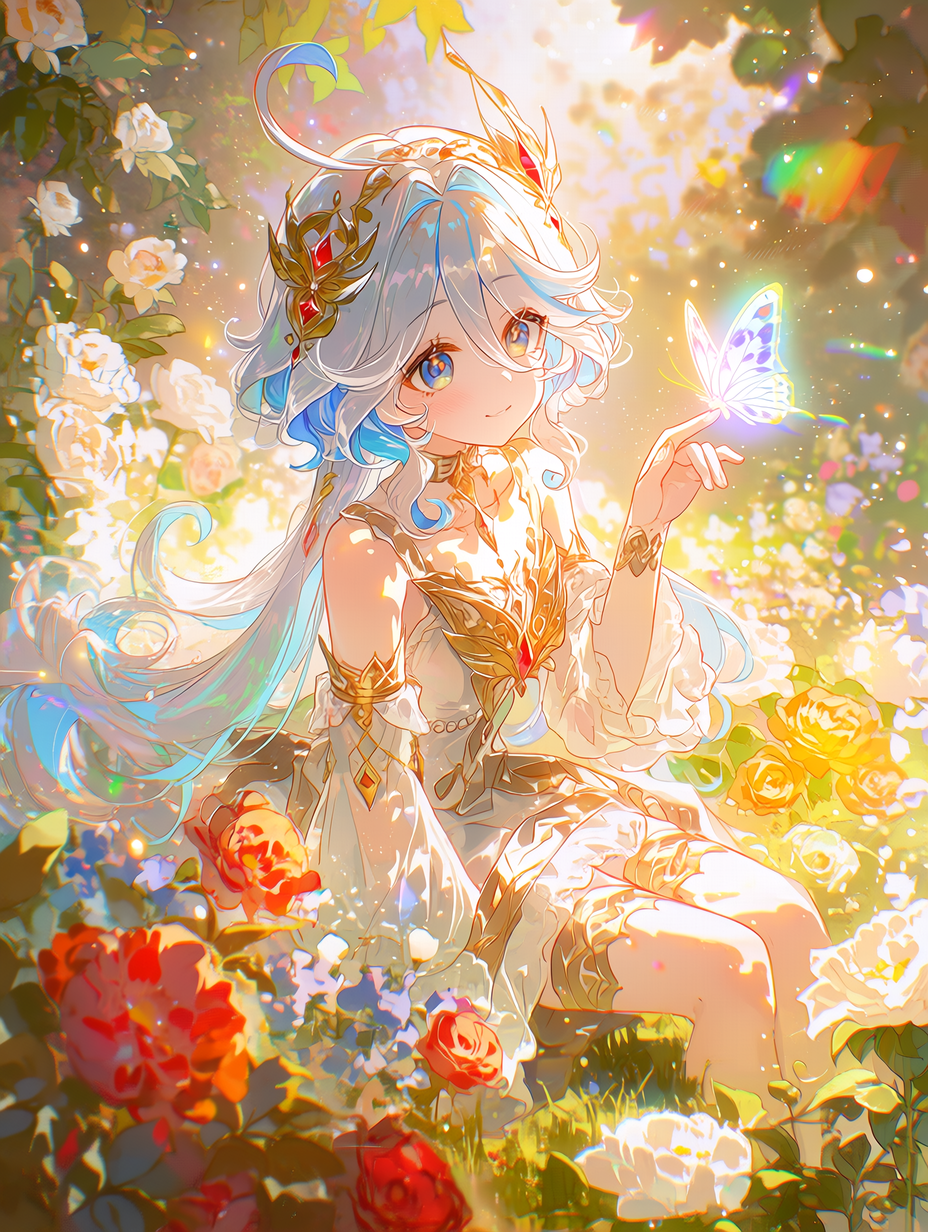 梦幻的芙宁娜置身于魔法花园中，柔和的梦幻光线，漂浮的光粒与闪烁的光点，银白蓝渐变长发轻柔卷曲飘动，头戴精致繁复的金色发饰，身着缀有金色刺绣与红色点缀的优雅白裙，优雅地坐在盛开的花朵间，指尖轻触发光的蝴