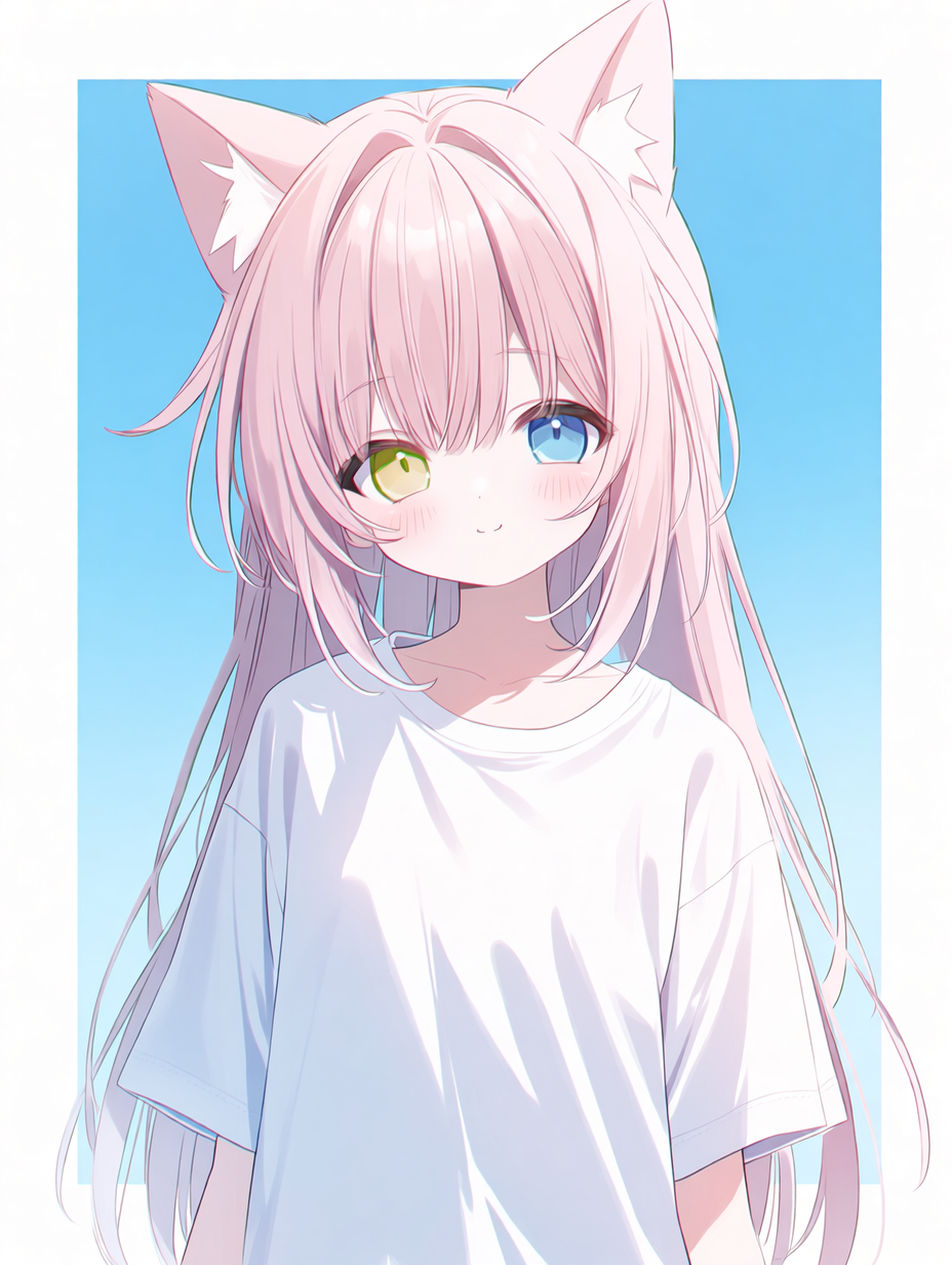 一位长发粉红、长着猫耳的动漫少女，异色瞳孔，身穿白色宽松T恤，背景为简洁的天蓝色，构图极简，焦点清晰聚焦于角色，采用赛璐璐上色风格，高对比度，充满活力的动漫美学，情绪欢快，高质量数字插画