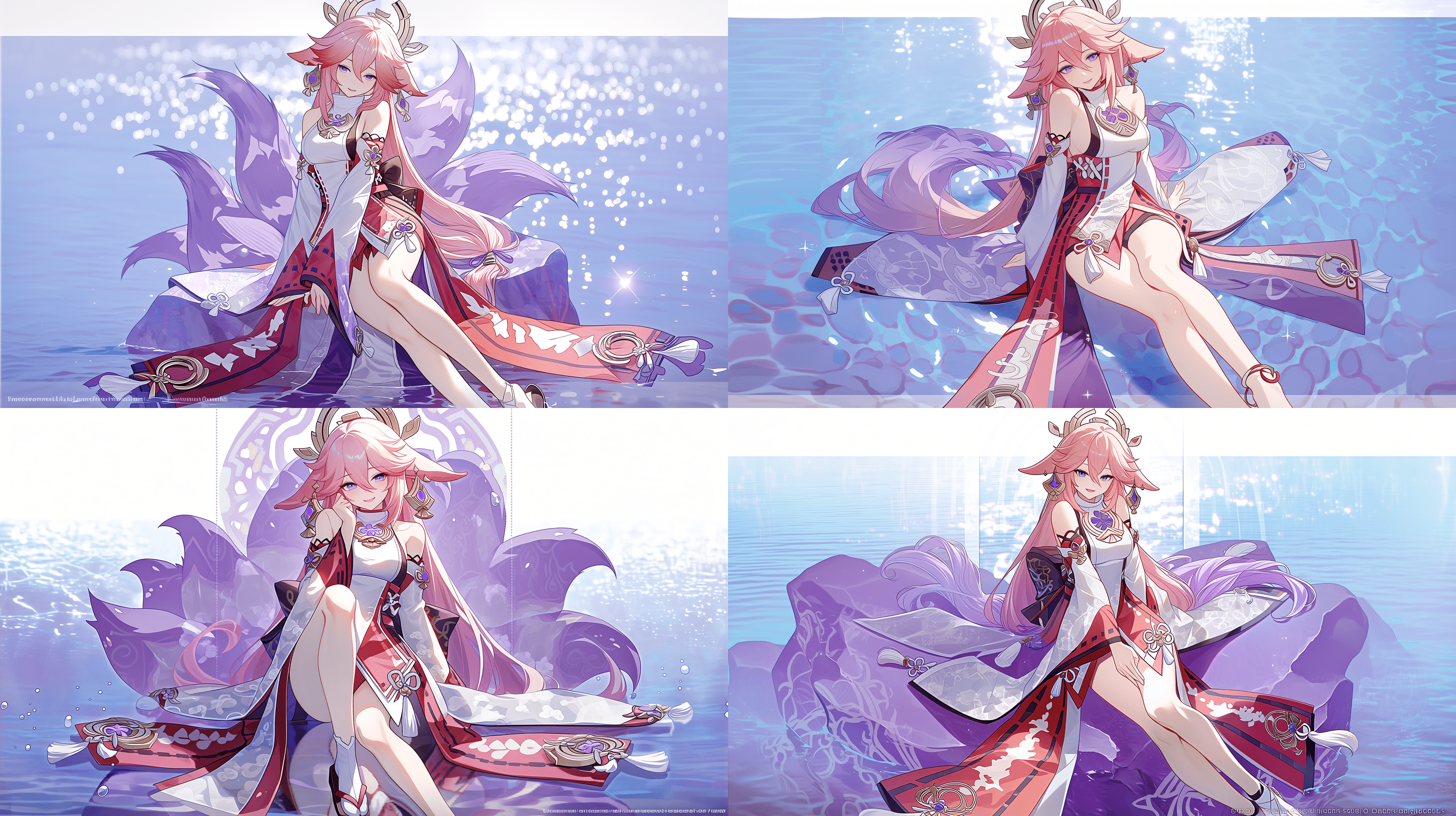 一张精致的《原神》八重神子动漫插画，她优雅地坐在清澈浅蓝色的海礁上。身穿标志性的粉紫色渐变巫女服，上面饰有狐狸图案，衣摆在海风中轻轻飘动。紫色渐变双马尾、狐耳，以及带着慵懒魅惑微笑的紫色眼眸。柔和明亮