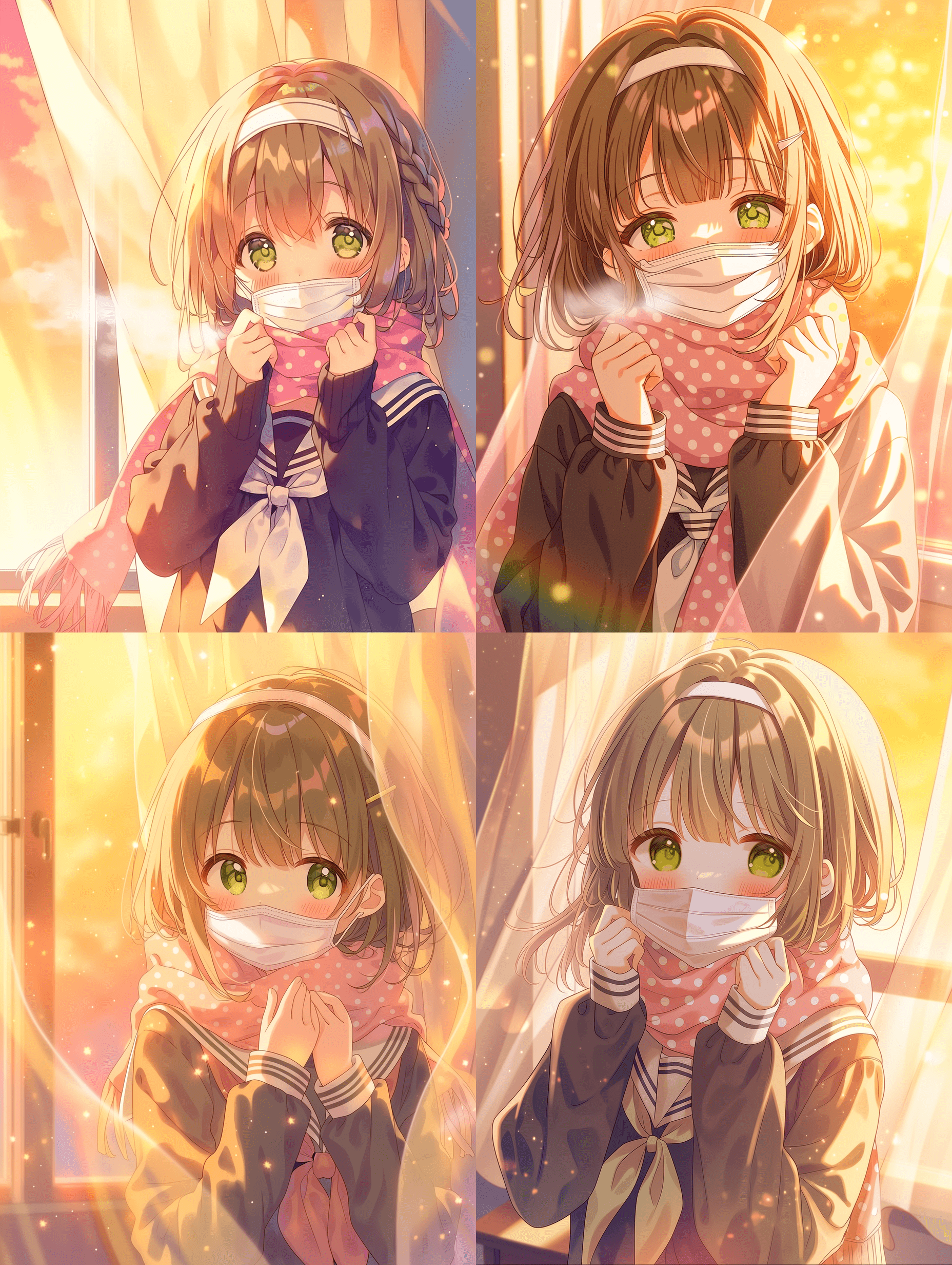 动漫风格，浅棕色辫发少女，佩戴白色发带，绿色眼睛，身穿水手服，系着粉色波点围巾，手持白色口罩，温暖的黄金时刻光线透过窗帘洒入，柔和的体积光束，发光的氛围，强化的冷暖色彩对比，营造出梦幻的清晨情绪