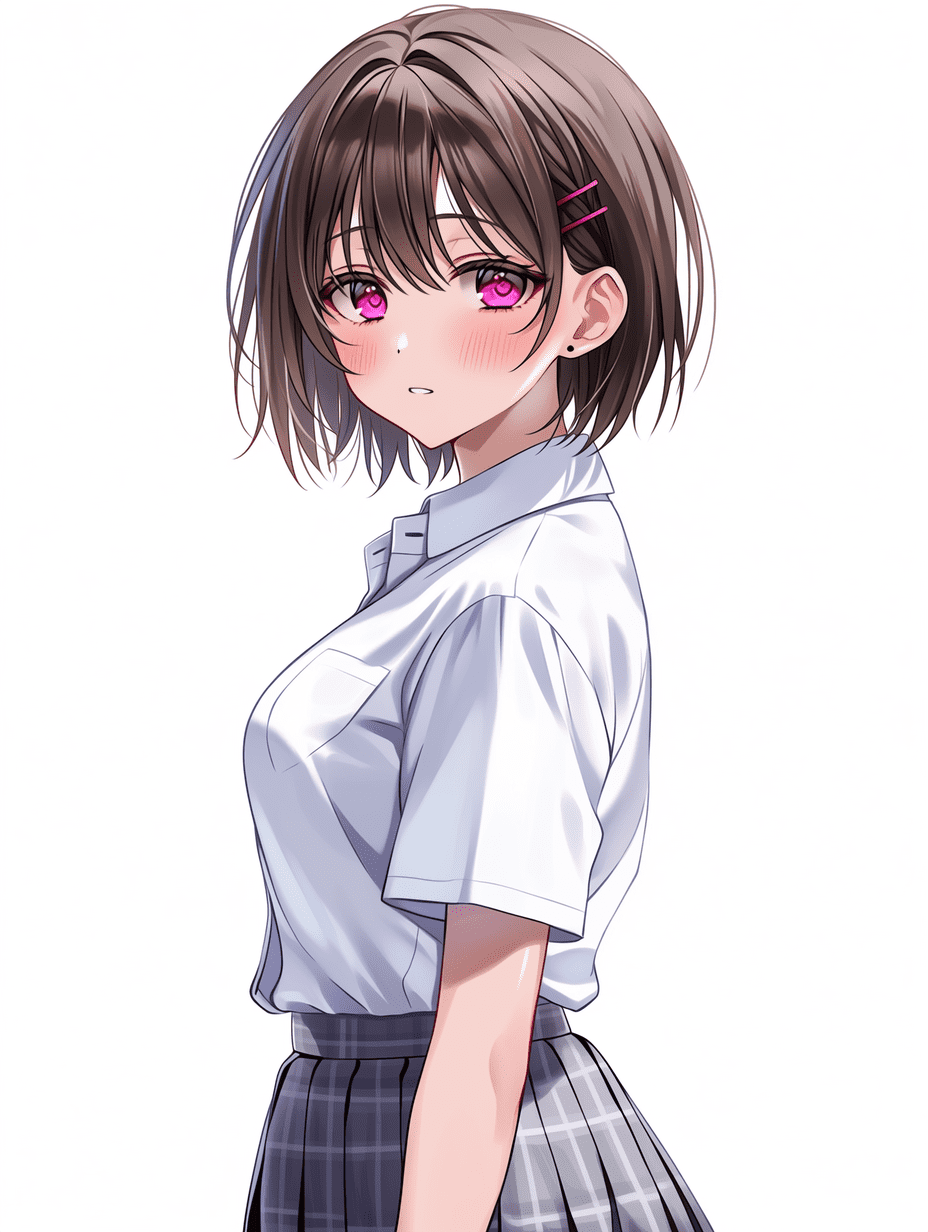 动漫风格，棕色短发少女佩戴红色发夹，身穿白色校服衬衫与灰色百褶裙，紫色眼眸，脸颊微红，侧脸轮廓，纯白背景，杰作，最高画质，细节丰富