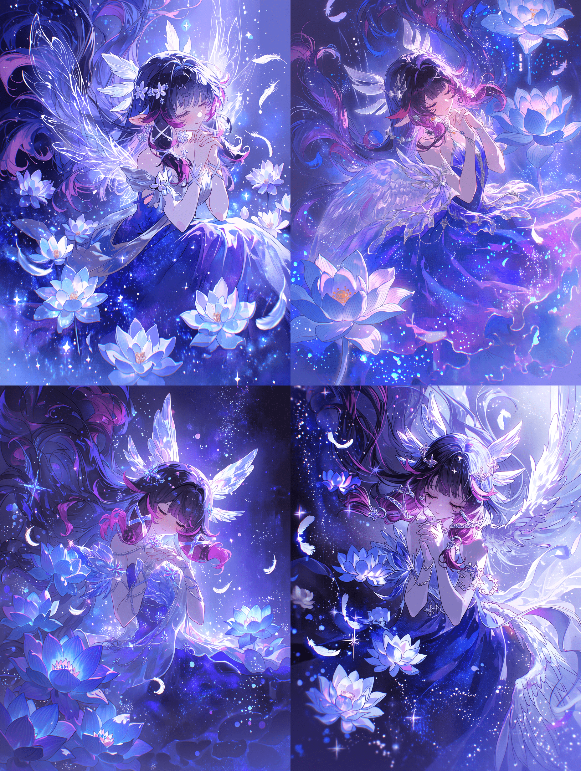 空灵的哥伦比娜置身于天界，梦幻柔光，闪烁星尘与星光粒子，深紫色长发带粉调飘逸飞舞，透明水晶天使羽翼，蓝紫色星纹薄纱长裙，优雅漂浮于宇宙空间，周围绽放蓝色莲花，白色羽毛轻柔飘落，发光的蓝色粒子翩跹起舞，